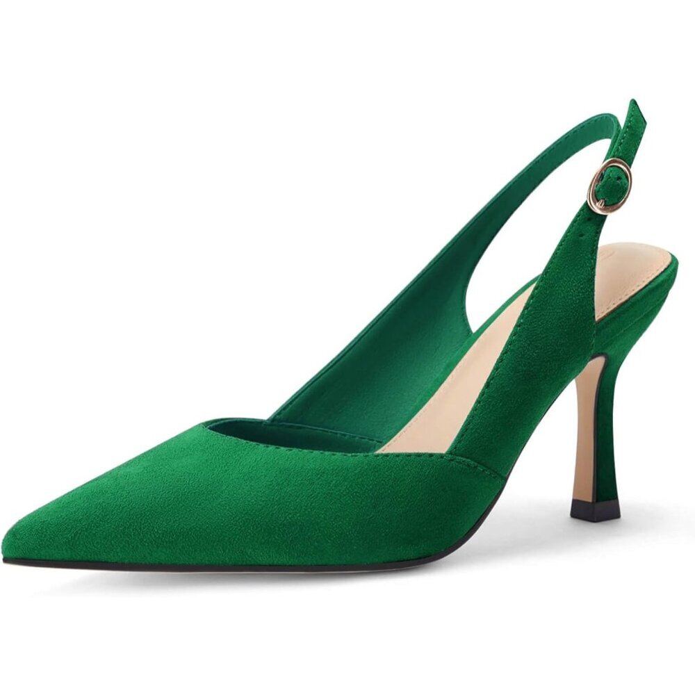 〽️Women Green Slingback Kitten Heels Closed Pointed Toe Elegant Dress Pump Shoes